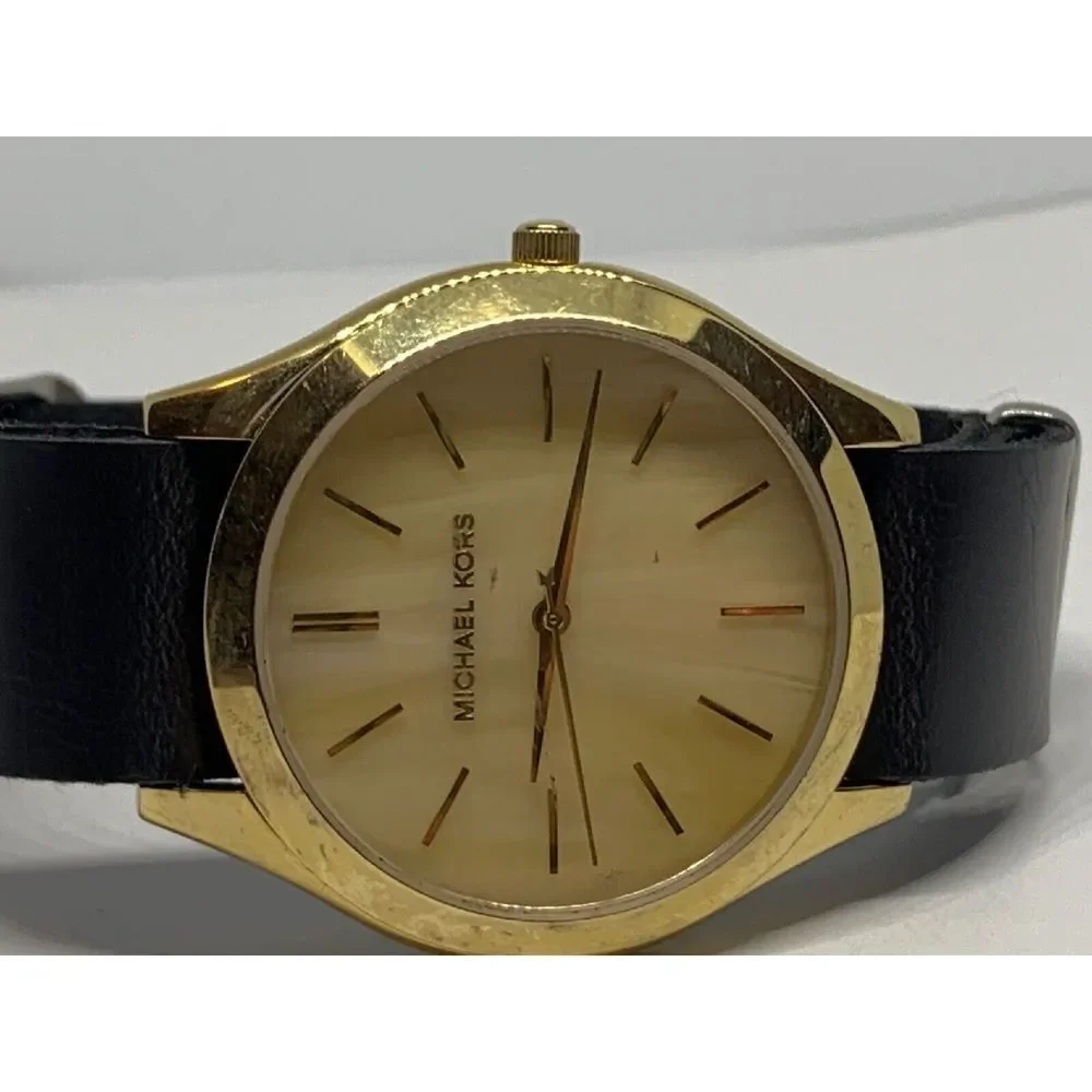 Michael Kors MK4285 Women's Black Leather Analog Gold Dial Quartz Watch GE256